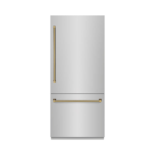 ZLINE 36 in. Built-In Bottom Freezer Refrigerator 19.8 cu. ft. Water Dispenser Ice Maker Stainless Steel Graphite Gray Interior Polished Gold Helix Handles (GRBITZ-30436KG)
