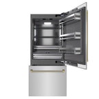 ZLINE 36 in. Built-In Bottom Freezer Refrigerator 19.8 cu. ft. Water Dispenser Ice Maker Stainless Steel Graphite Gray Interior Polished Gold Helix Handles (GRBITZ-30436KG)