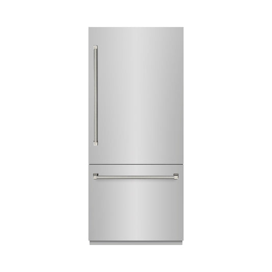 ZLINE 36 in. Built-In Bottom Freezer Refrigerator 19.8 cu. ft. with Water Dispenser, Ice Maker, Stainless Steel Finish, Graphite Gray Interior and Polished Nickel Helix Handles (GRBITZ-30436KPN)