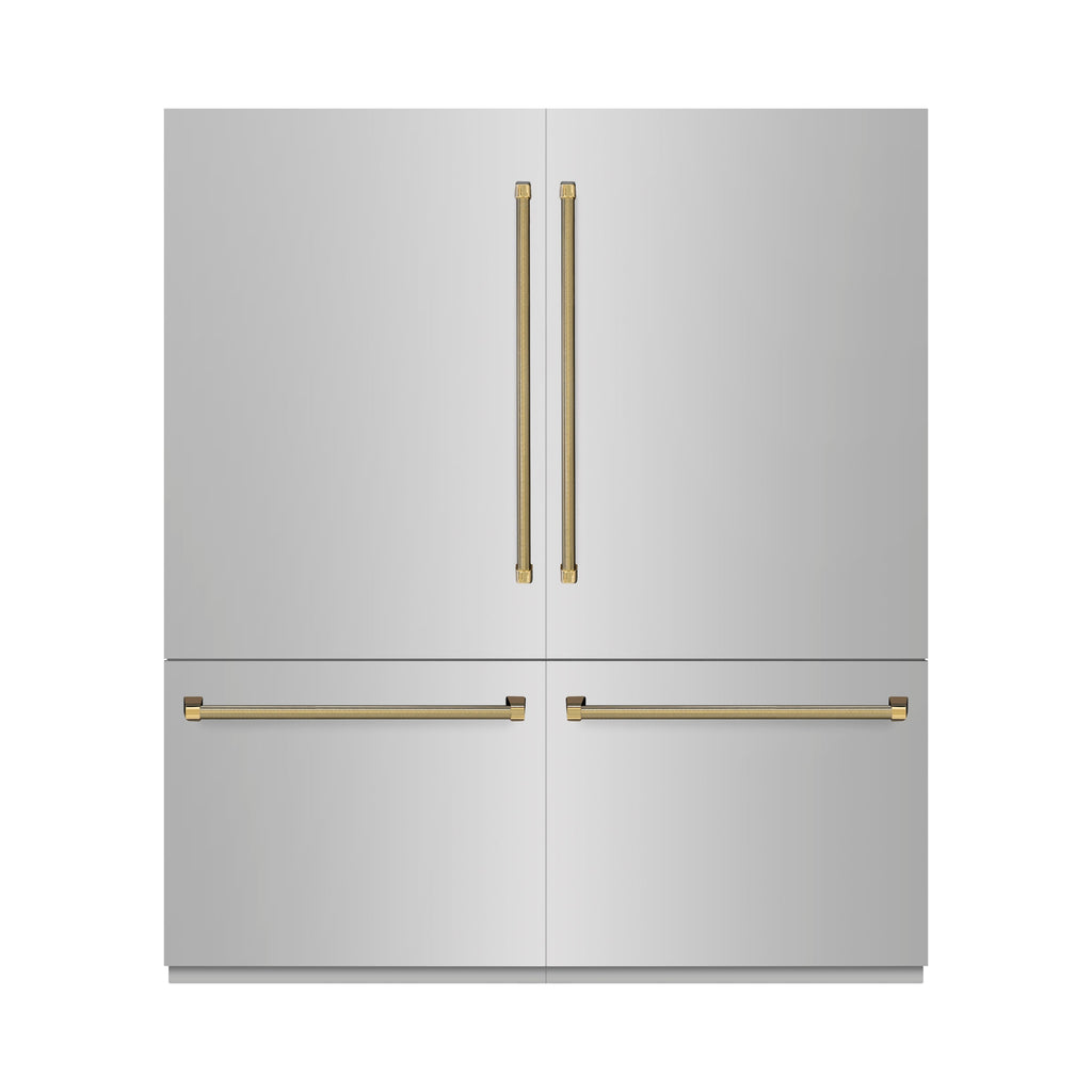 ZLINE 72 in. French Door Built-In Bottom Freezer Refrigerator, 39.6 Cu. Ft., Water Dispensers, Ice Makers, Stainless Steel, Graphite Gray Interior, Polished Gold Helix Handles (GRBITZ-30472KG)