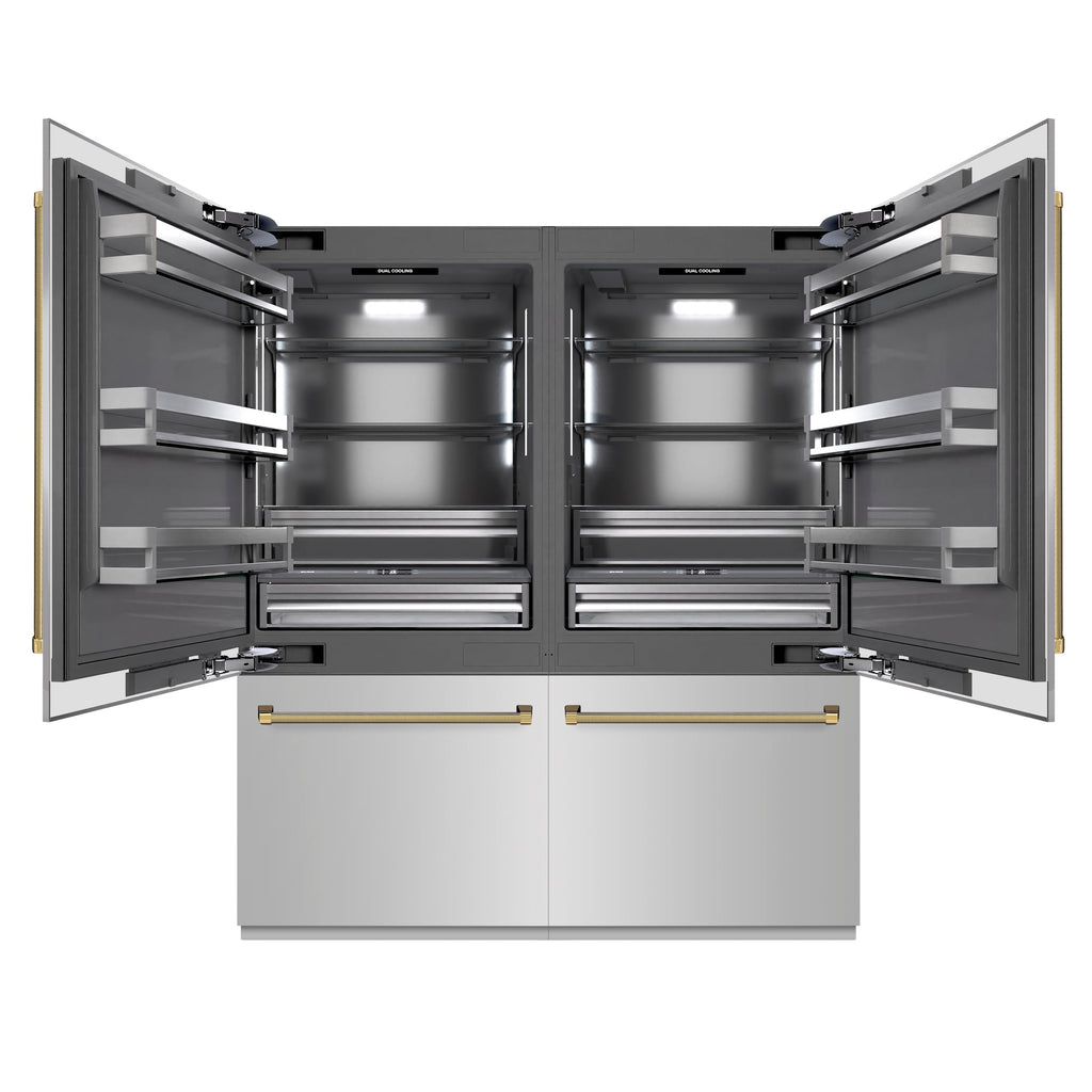 ZLINE 72 in. French Door Built-In Bottom Freezer Refrigerator, 39.6 Cu. Ft., Water Dispensers, Ice Makers, Stainless Steel, Graphite Gray Interior, Polished Gold Helix Handles (GRBITZ-30472KG)