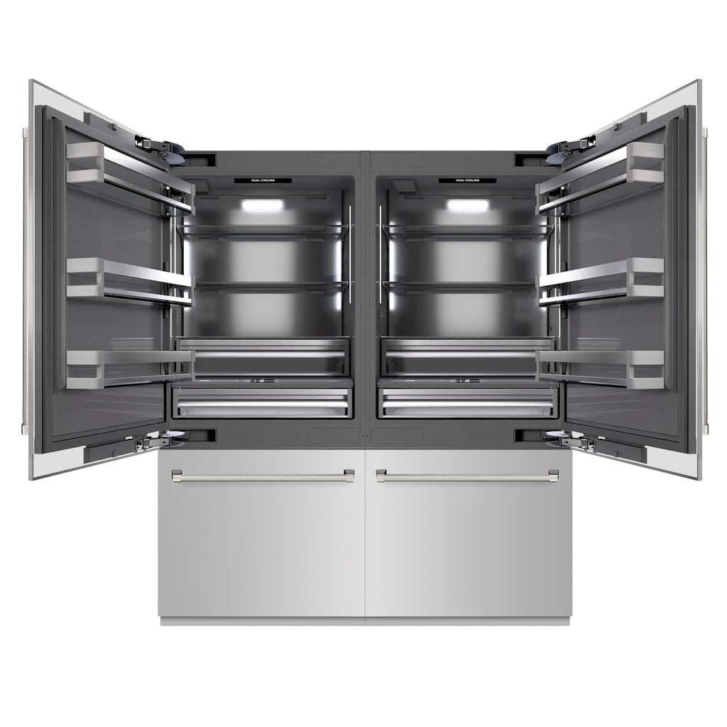 ZLINE 72 in. French Door Built-In Bottom Freezer Refrigerator, 39.6 Cu. Ft., Water Dispensers, Ice Makers, Stainless Steel, Graphite Gray Interior, Polished Nickel Helix Handles (GRBITZ-30472KPN)
