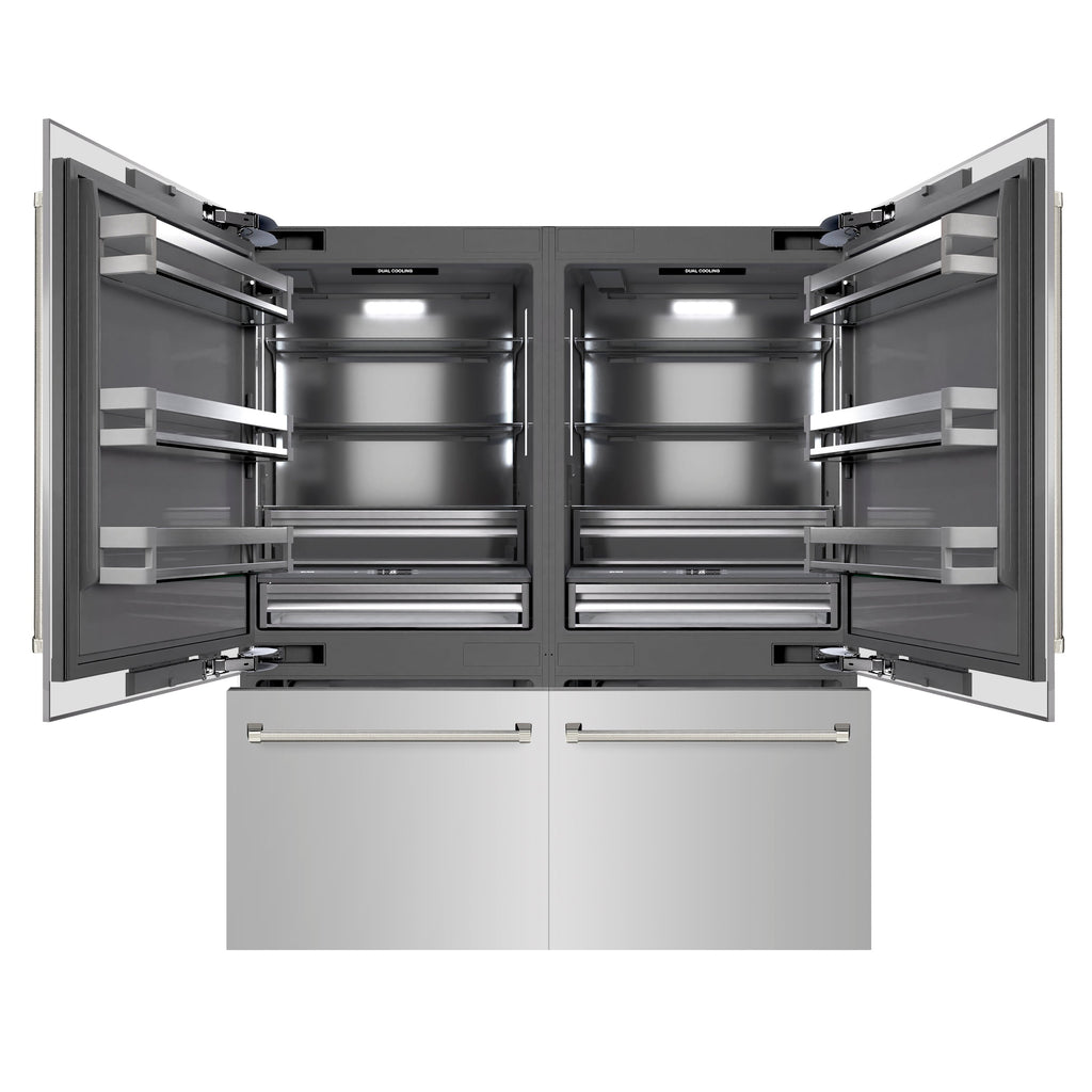 ZLINE 72 in. French Door Built-In Bottom Freezer Refrigerator, 39.6 Cu. Ft., Water Dispensers, Ice Makers, Stainless Steel, Graphite Gray Interior, Polished Nickel Helix Handles (GRBITZ-30472KPN)