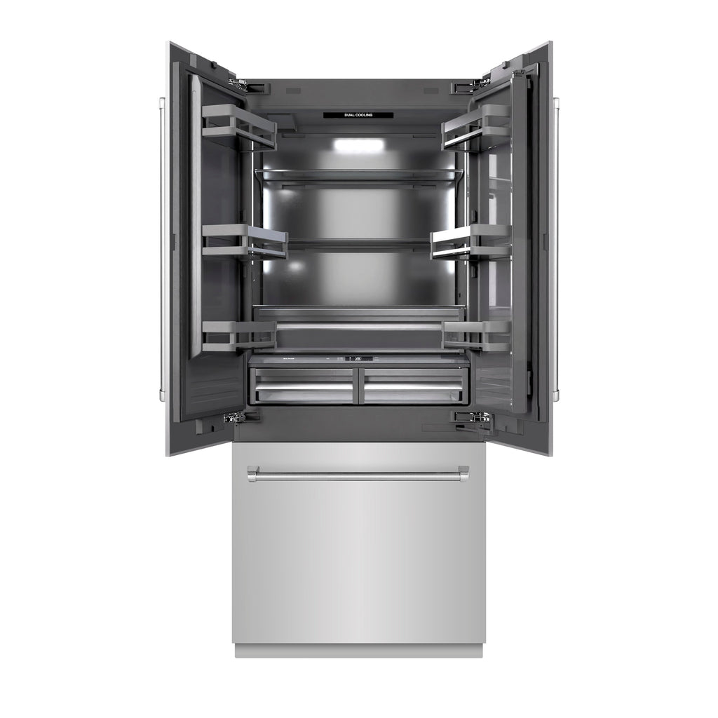 ZLINE 36 in. French Door Built-In Bottom Freezer Refrigerator 19.6 cu. ft. Water Dispenser & Ice Maker Stainless Steel Graphite Gray Interior (GRBIV-304-36)
