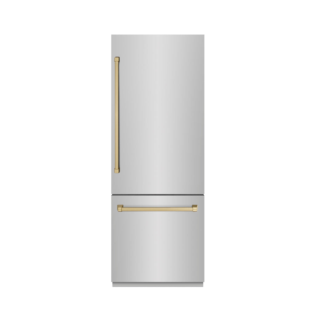 ZLINE 30 in. Built-In Bottom Freezer Refrigerator 16.1 Cu. Ft. Water Dispenser Ice Maker Stainless Steel Graphite Gray Interior Champagne Bronze Accents (GRBIVZ-304-30CB)