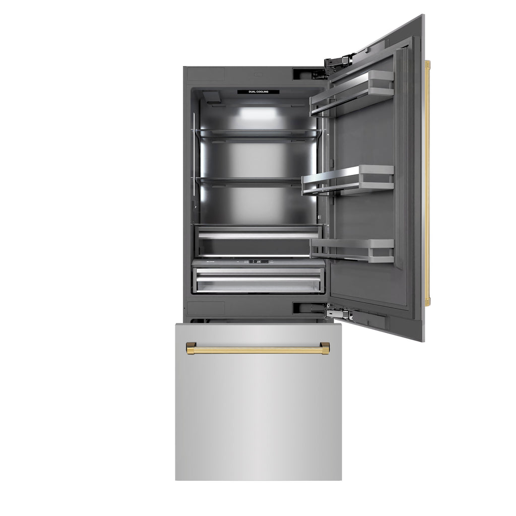 ZLINE 30 in. Built-In Bottom Freezer Refrigerator 16.1 Cu. Ft. with Water Dispenser, Ice Maker, Stainless Steel, Polished Gold Accents (GRBIVZ-304-30G)