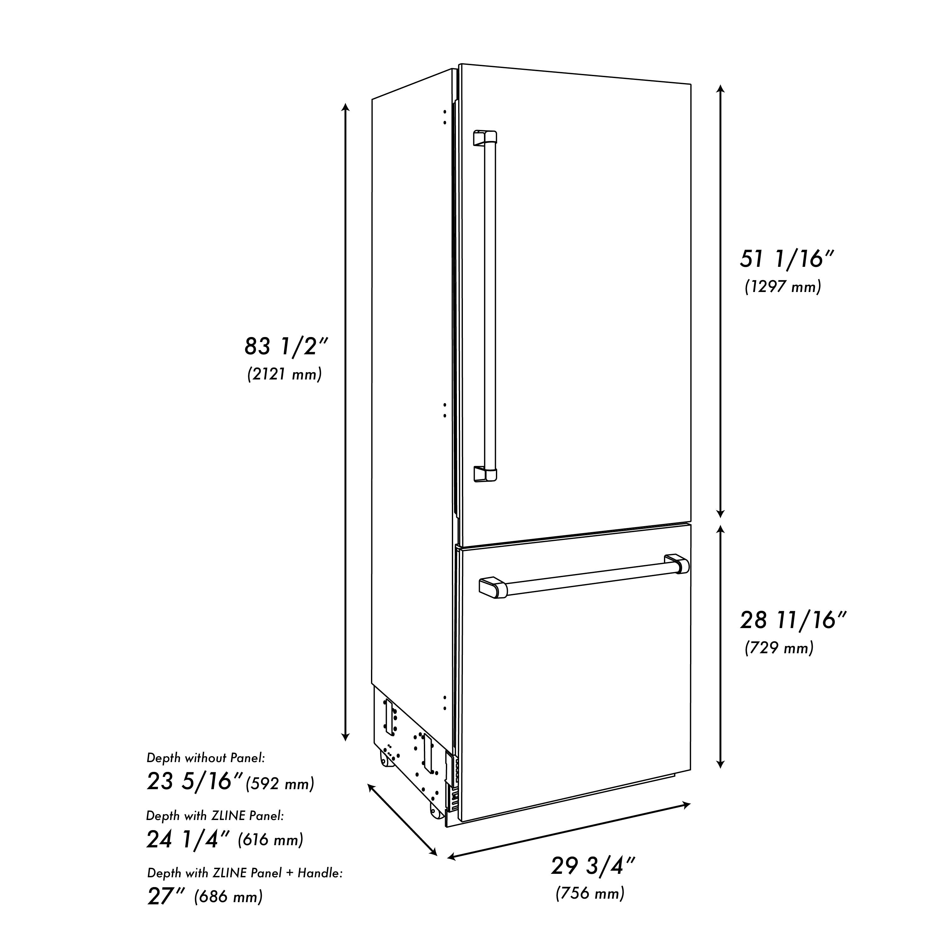 ZLINE 30 in. Built-In Bottom Freezer Refrigerator 16.1 Cu. Ft. with Water Dispenser, Ice Maker, Stainless Steel, Graphite Gray Interior, Matte Black Accents (GRBIVZ-304-30MB)