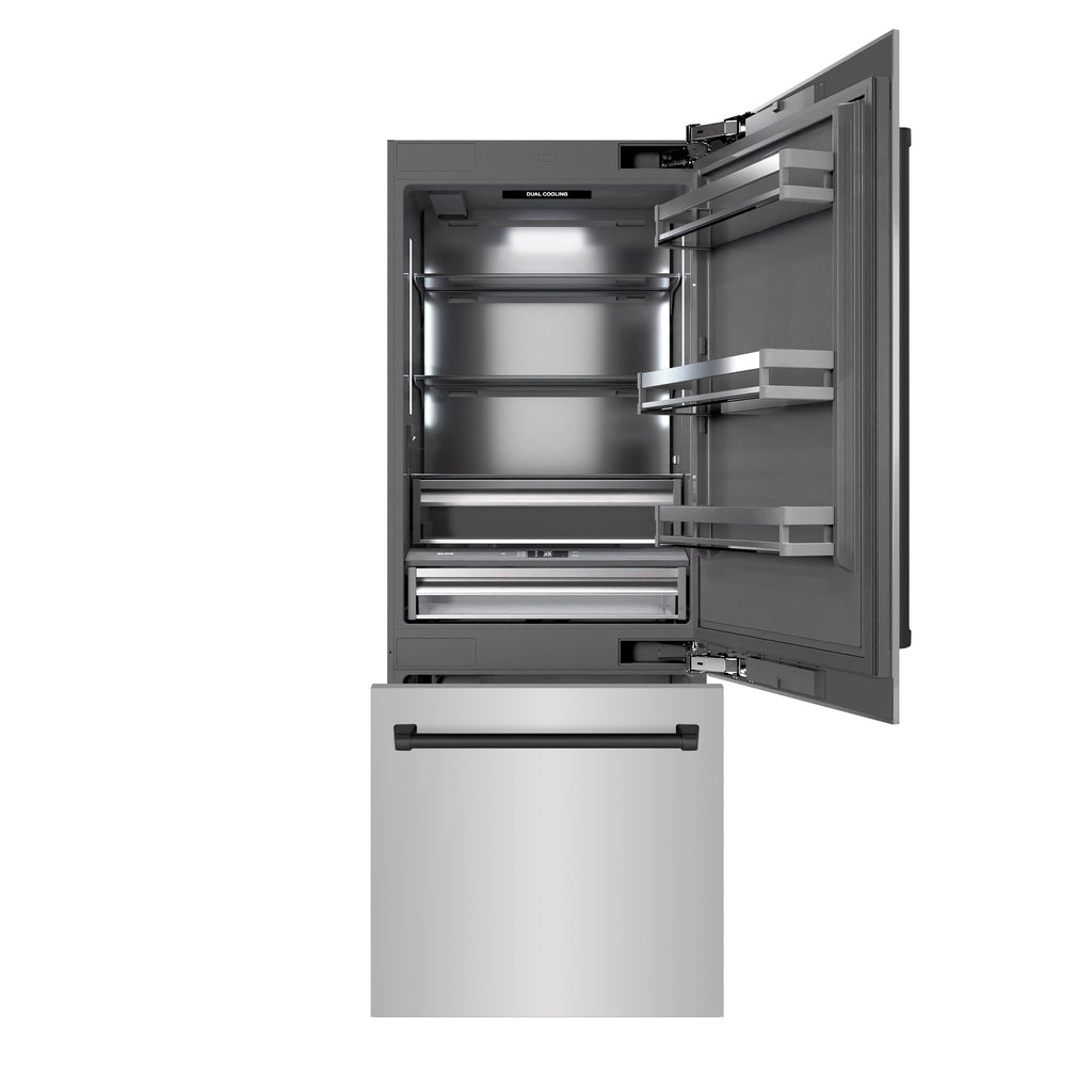 ZLINE 30 in. Built-In Bottom Freezer Refrigerator 16.1 Cu. Ft. with Water Dispenser, Ice Maker, Stainless Steel, Graphite Gray Interior, Matte Black Accents (GRBIVZ-304-30MB)