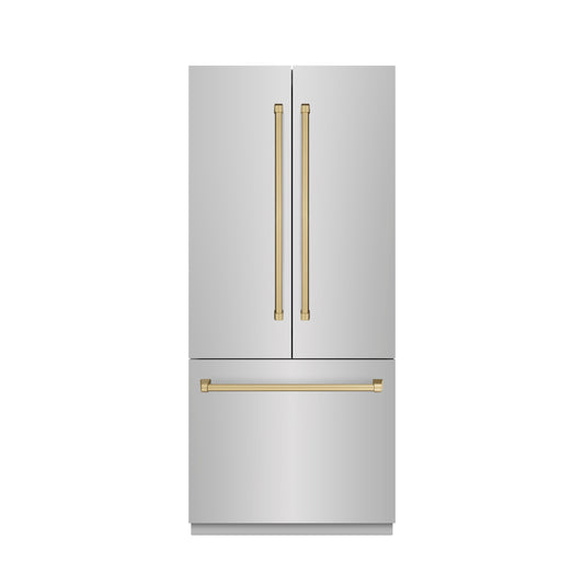 ZLINE 36 in. French Door Built-In Bottom Freezer Refrigerator 19.6 Cu. Ft. Stainless Steel with Water Dispenser, Ice Maker, Champagne Bronze Accents (GRBIVZ-304-36CB)