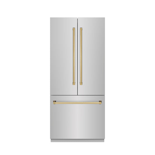 ZLINE 36 in. Built-In French Door Bottom Freezer Refrigerator, 19.6 Cu. Ft., Water Dispenser, Ice Maker, Stainless Steel, Graphite Gray Interior, Polished Gold Accents (GRBIVZ-304-36G)
