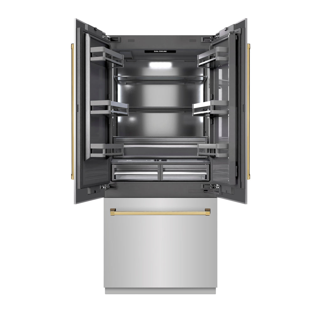 ZLINE 36 in. Built-In French Door Bottom Freezer Refrigerator, 19.6 Cu. Ft., Water Dispenser, Ice Maker, Stainless Steel, Graphite Gray Interior, Polished Gold Accents (GRBIVZ-304-36G)