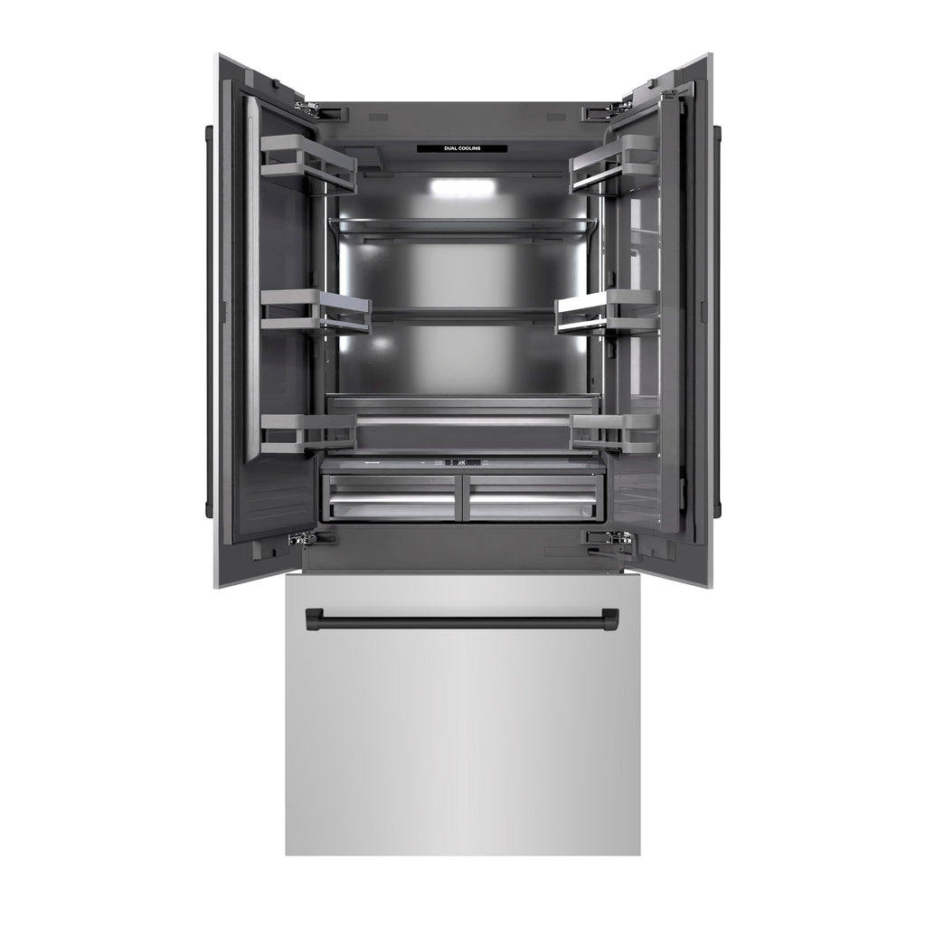 ZLINE 36 in. Built-In Bottom Freezer Refrigerator, French Door, 19.6 Cu. Ft., Water Dispenser, Ice Maker, Stainless Steel, Graphite Gray Interior, Matte Black Accents (GRBIVZ-304-36MB)
