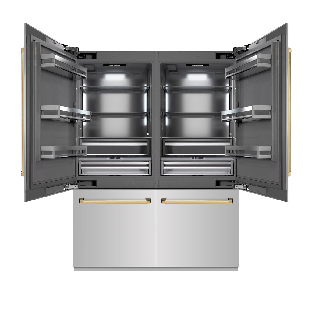 ZLINE 60 in Built-In French Door Bottom Freezer Refrigerator 32.2 cu. ft. Water Dispenser Ice Maker Stainless Steel Graphite Gray Interior Polished Gold Accents (GRBIVZ-304-60G)
