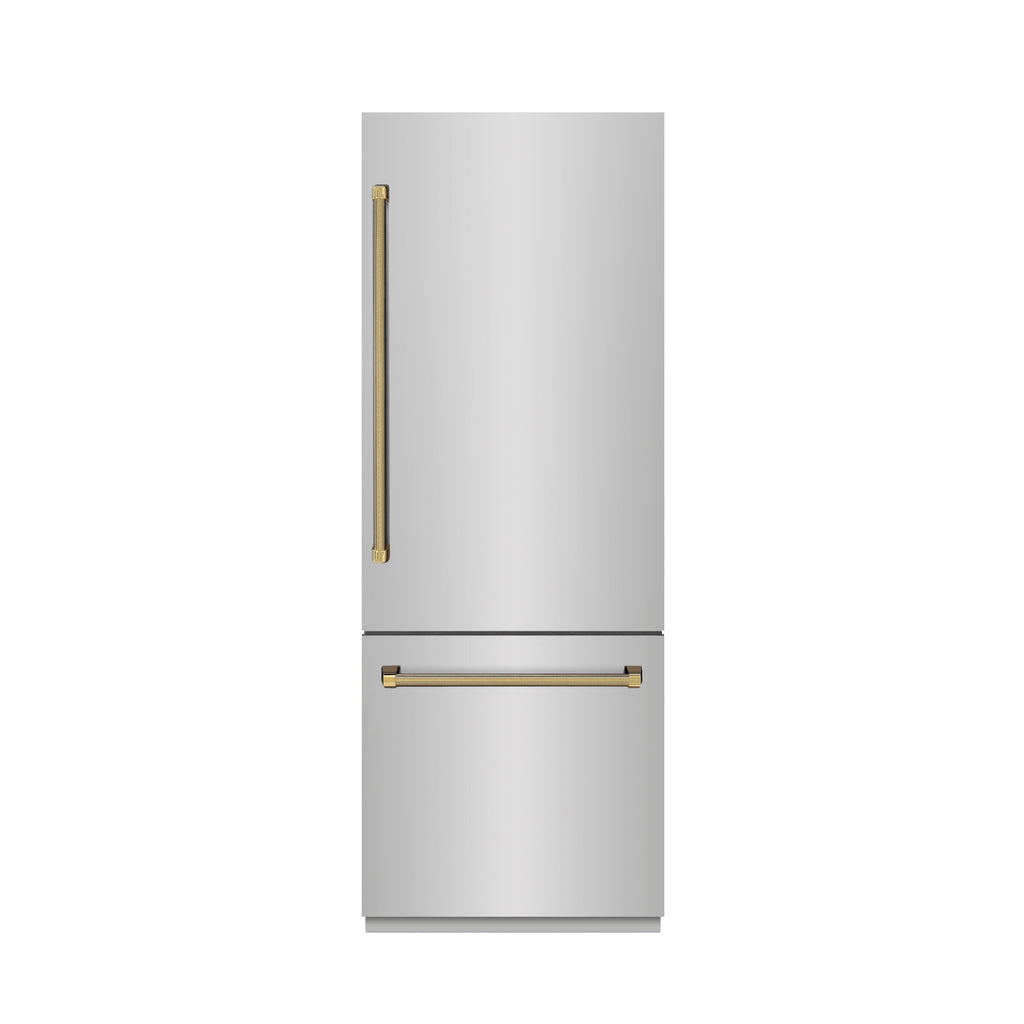 ZLINE 30 in. Built-In Bottom Freezer Refrigerator 16.1 cu. ft. Water Dispenser Ice Maker Stainless Steel Graphite Gray Interior Polished Gold Helix Handles (GRBIVZ-30430KG)