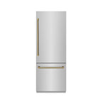 ZLINE 30 in. Built-In Bottom Freezer Refrigerator 16.1 cu. ft. Water Dispenser Ice Maker Stainless Steel Graphite Gray Interior Polished Gold Helix Handles (GRBIVZ-30430KG)