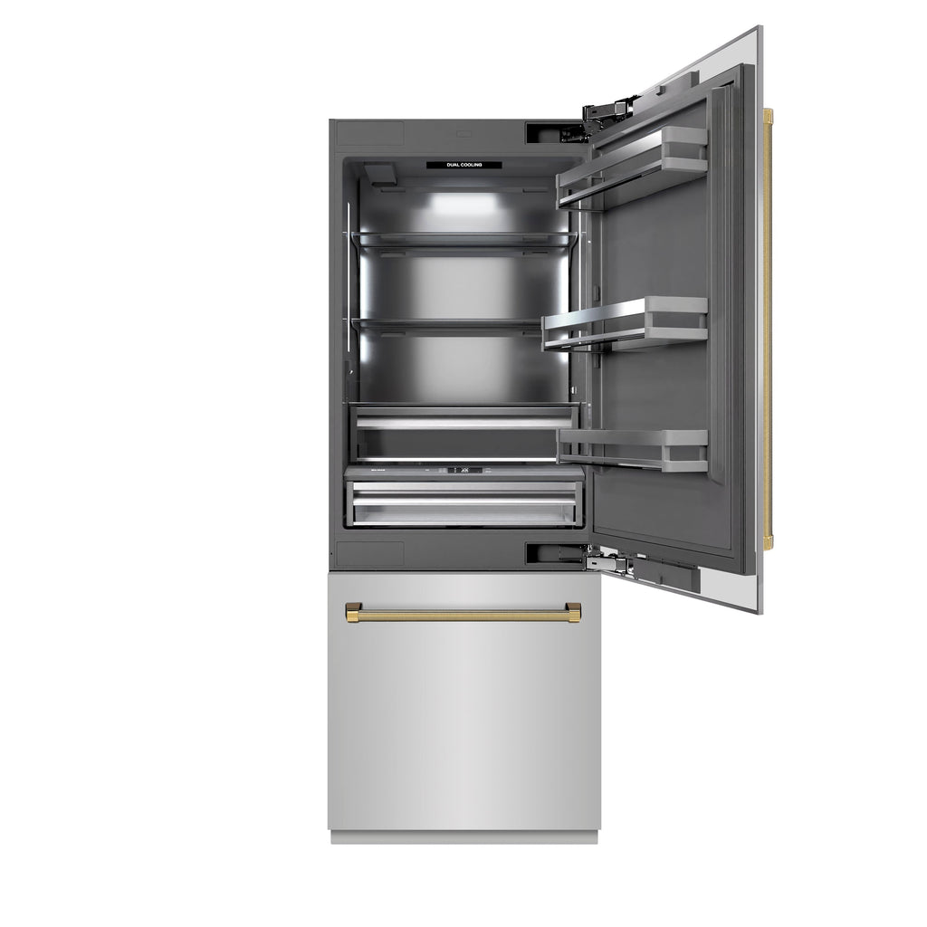 ZLINE 30 in. Built-In Bottom Freezer Refrigerator 16.1 cu. ft. Water Dispenser Ice Maker Stainless Steel Graphite Gray Interior Polished Gold Helix Handles (GRBIVZ-30430KG)
