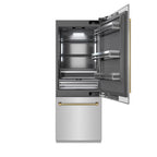ZLINE 30 in. Built-In Bottom Freezer Refrigerator 16.1 cu. ft. Water Dispenser Ice Maker Stainless Steel Graphite Gray Interior Polished Gold Helix Handles (GRBIVZ-30430KG)