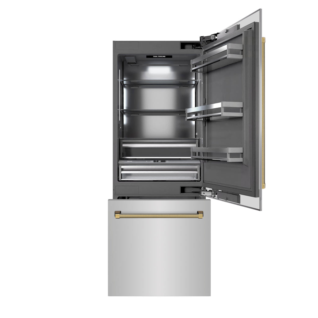 ZLINE 30 in. Built-In Bottom Freezer Refrigerator 16.1 cu. ft. Water Dispenser Ice Maker Stainless Steel Graphite Gray Interior Polished Gold Helix Handles (GRBIVZ-30430KG)