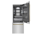 ZLINE 30 in. Built-In Bottom Freezer Refrigerator 16.1 cu. ft. Water Dispenser Ice Maker Stainless Steel Graphite Gray Interior Polished Gold Helix Handles (GRBIVZ-30430KG)