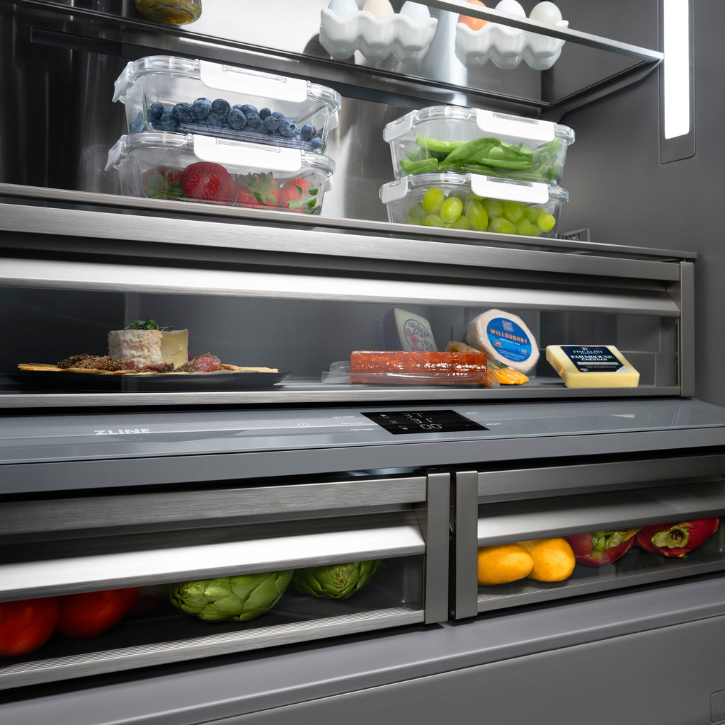 ZLINE 36 in. Built-In French Door Bottom Freezer Refrigerator 19.6 cu. ft. Water Dispenser Ice Maker Stainless Steel Graphite Gray Interior Champagne Bronze Helix Handles (GRBIVZ-30436KCB)