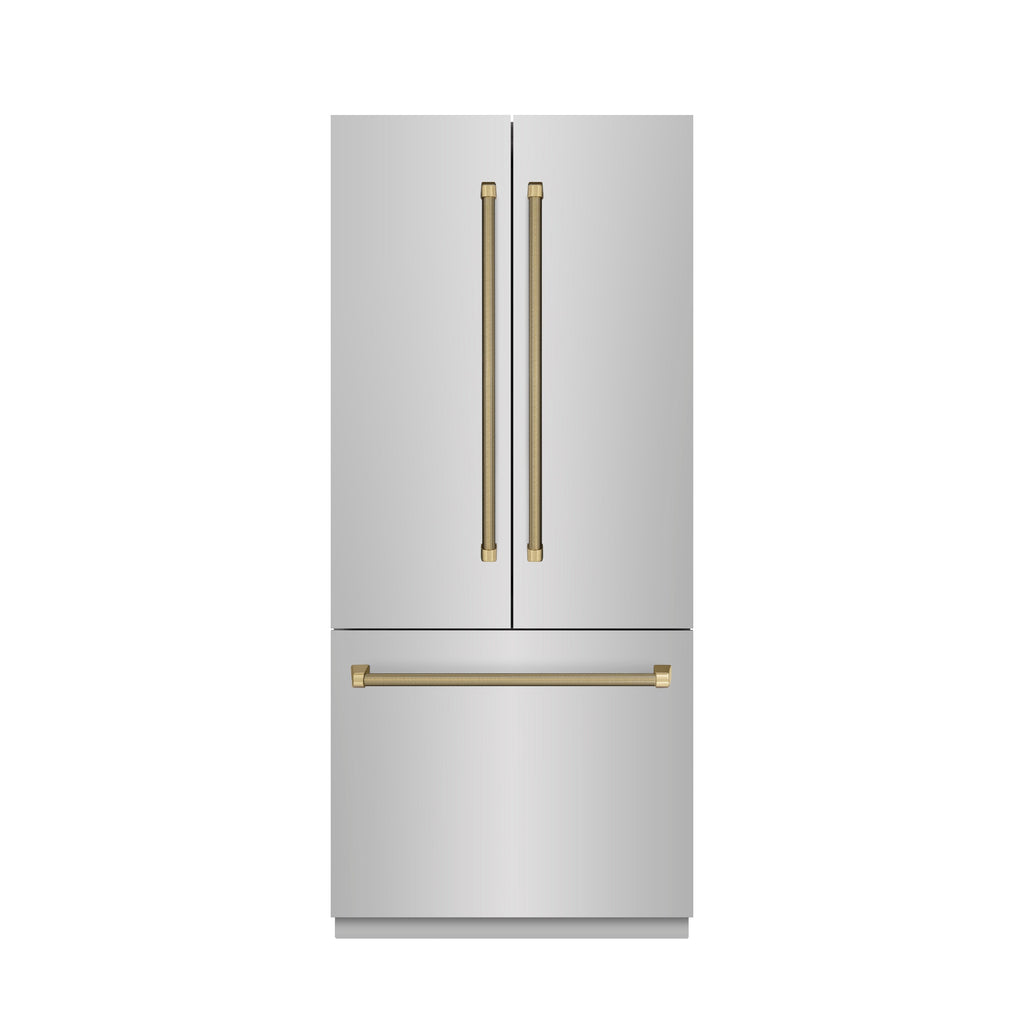 ZLINE 36 in. Built-In French Door Bottom Freezer Refrigerator 19.6 cu. ft. Water Dispenser Ice Maker Stainless Steel Graphite Gray Interior Champagne Bronze Helix Handles (GRBIVZ-30436KCB)