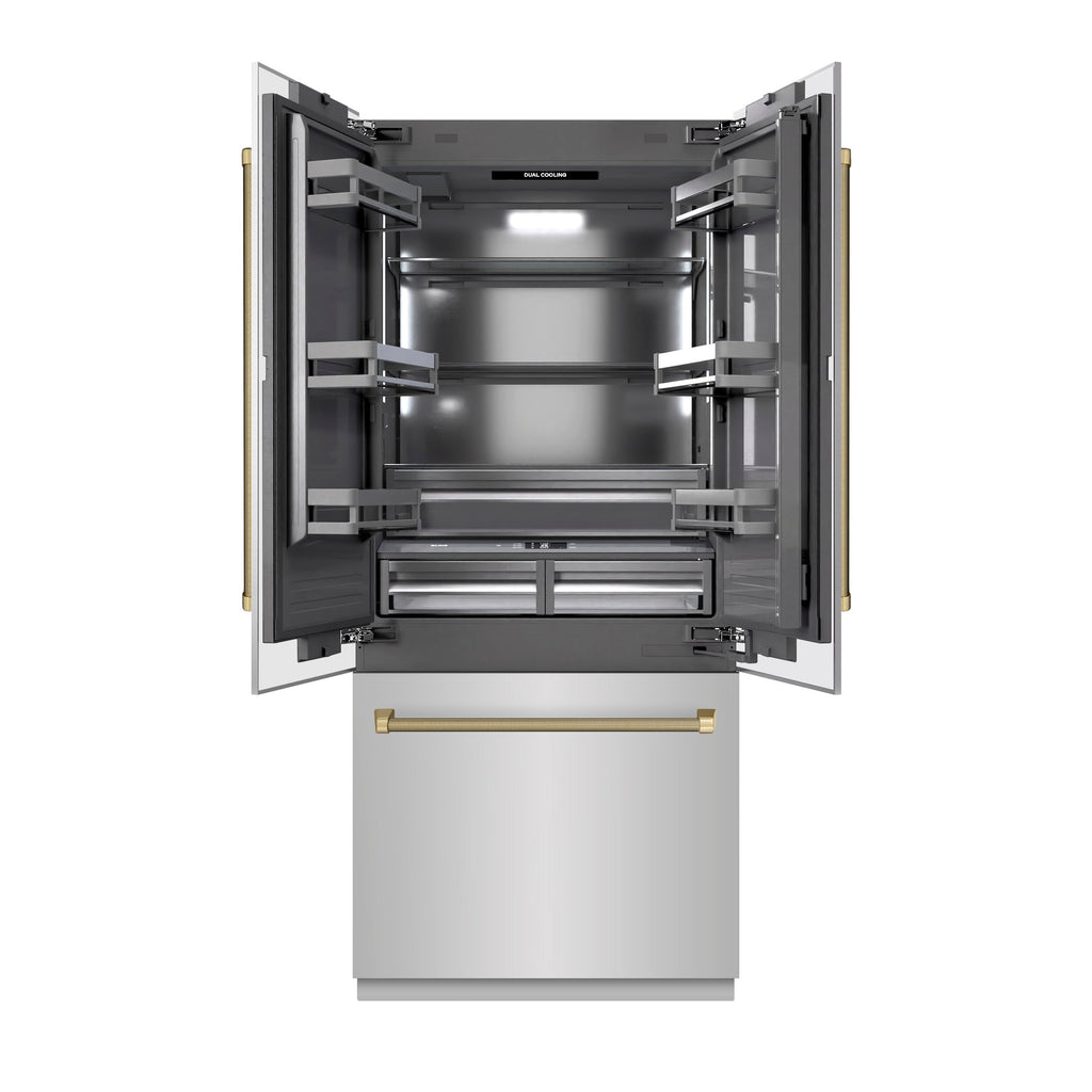 ZLINE 36 in. Built-In French Door Bottom Freezer Refrigerator 19.6 cu. ft. Water Dispenser Ice Maker Stainless Steel Graphite Gray Interior Champagne Bronze Helix Handles (GRBIVZ-30436KCB)
