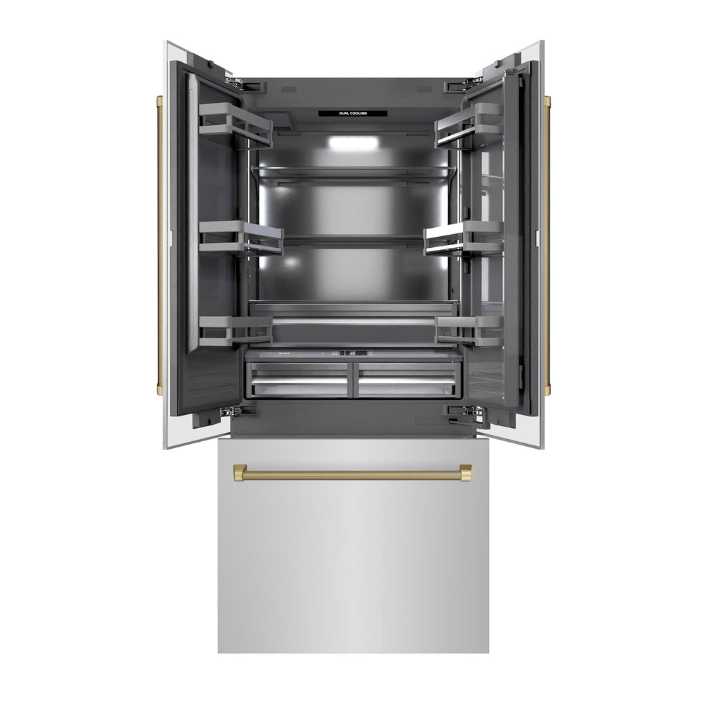 ZLINE 36 in. Built-In French Door Bottom Freezer Refrigerator 19.6 cu. ft. Water Dispenser Ice Maker Stainless Steel Graphite Gray Interior Champagne Bronze Helix Handles (GRBIVZ-30436KCB)