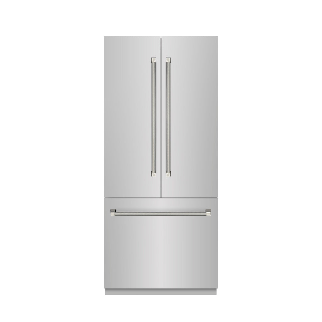 ZLINE 36 in. French Door Built-In Bottom Freezer Refrigerator 19.6 cu. ft. with Water Dispenser, Ice Maker, Graphite Gray Interior, Polished Nickel Helix Handles (GRBIVZ-30436KPN)