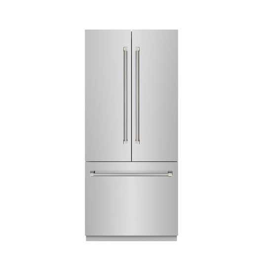 ZLINE 36 in. French Door Built-In Bottom Freezer Refrigerator 19.6 cu. ft. with Water Dispenser, Ice Maker, Graphite Gray Interior, Polished Nickel Helix Handles (GRBIVZ-30436KPN)