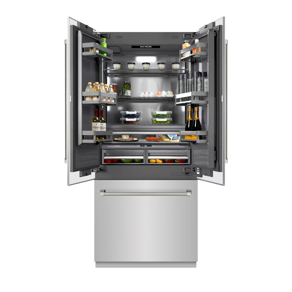 ZLINE 36 in. French Door Built-In Bottom Freezer Refrigerator 19.6 cu. ft. with Water Dispenser, Ice Maker, Graphite Gray Interior, Polished Nickel Helix Handles (GRBIVZ-30436KPN)