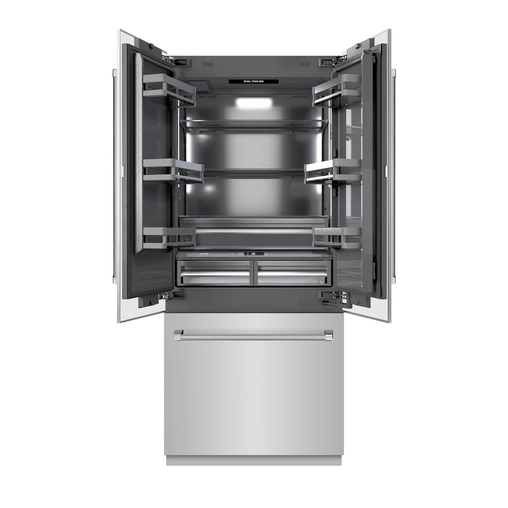 ZLINE 36 in. French Door Built-In Bottom Freezer Refrigerator 19.6 cu. ft. with Water Dispenser, Ice Maker, Graphite Gray Interior, Polished Nickel Helix Handles (GRBIVZ-30436KPN)