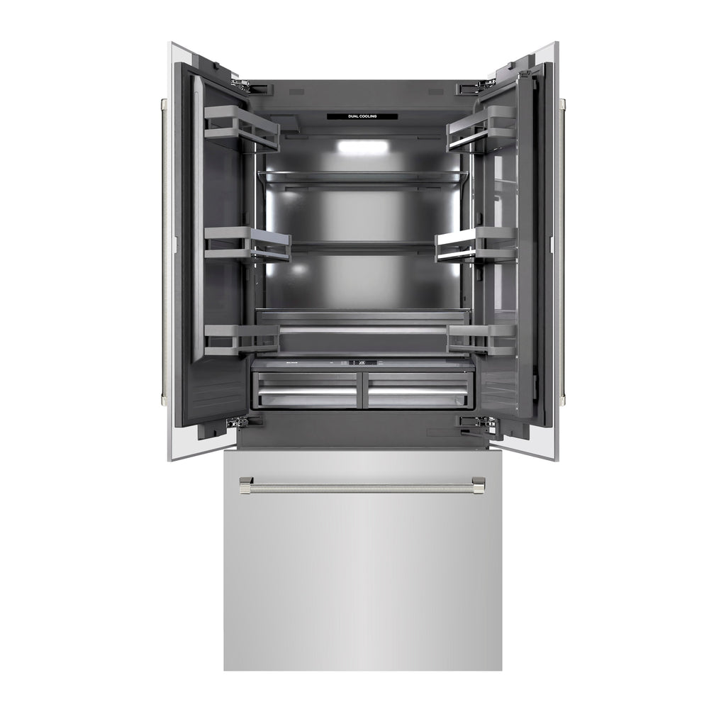 ZLINE 36 in. French Door Built-In Bottom Freezer Refrigerator 19.6 cu. ft. with Water Dispenser, Ice Maker, Graphite Gray Interior, Polished Nickel Helix Handles (GRBIVZ-30436KPN)