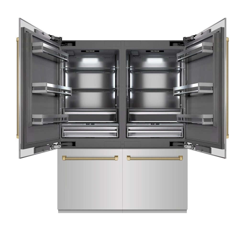 ZLINE 60 in. French Door Built-In Bottom Freezer Refrigerator 32.2 cu. ft. Stainless Steel Graphite Gray Interior Champagne Bronze Handles (GRBIVZ-30460KCB)