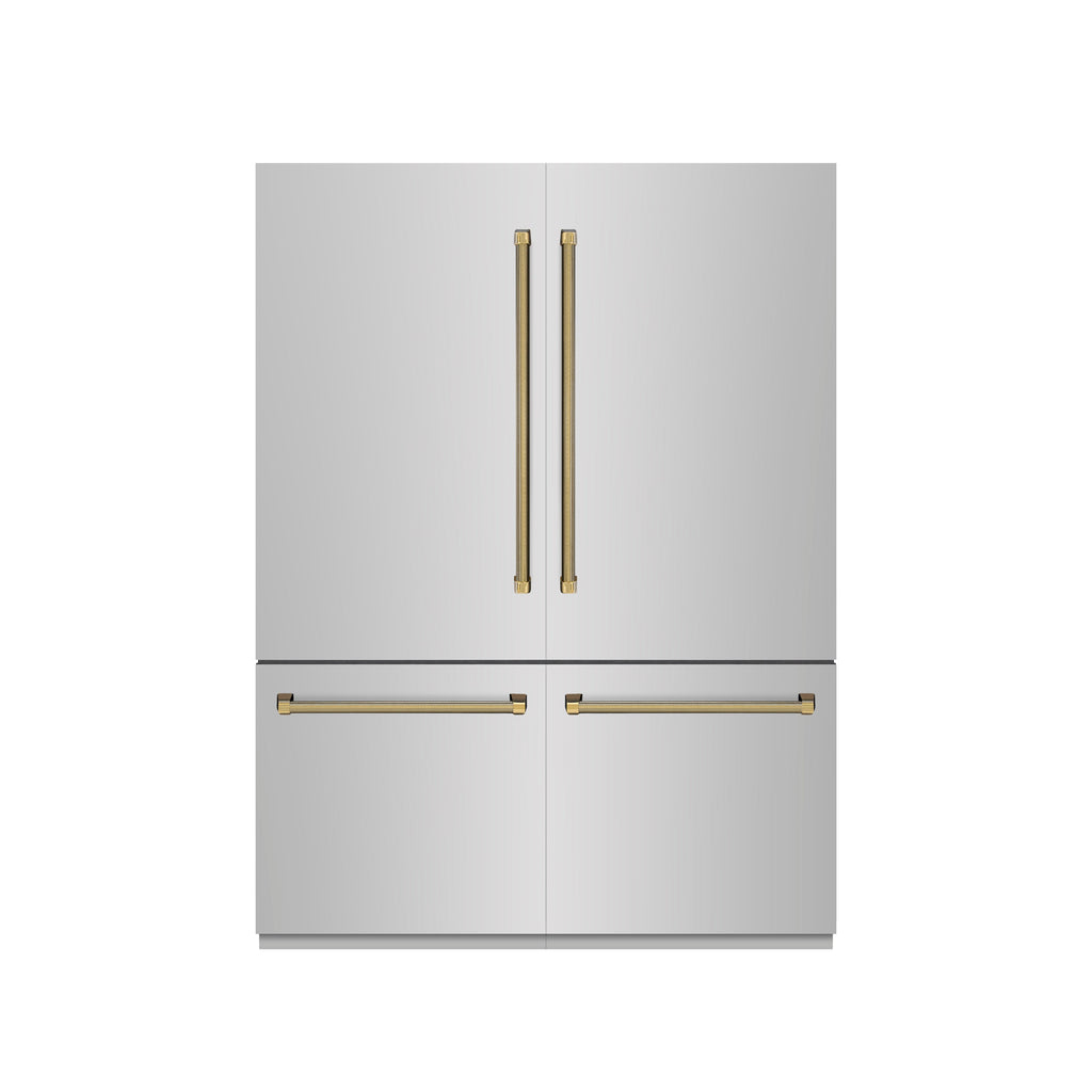 ZLINE 60 in. French Door Built-In Bottom Freezer Refrigerator 32.2 cu. ft. Water Dispenser Ice Maker Stainless Steel Graphite Gray Interior Polished Gold Helix Handles (GRBIVZ-30460KG)