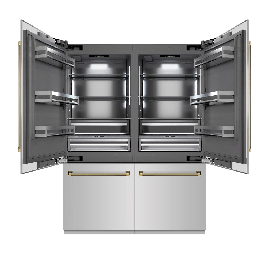 ZLINE 60 in. French Door Built-In Bottom Freezer Refrigerator 32.2 cu. ft. Water Dispenser Ice Maker Stainless Steel Graphite Gray Interior Polished Gold Helix Handles (GRBIVZ-30460KG)