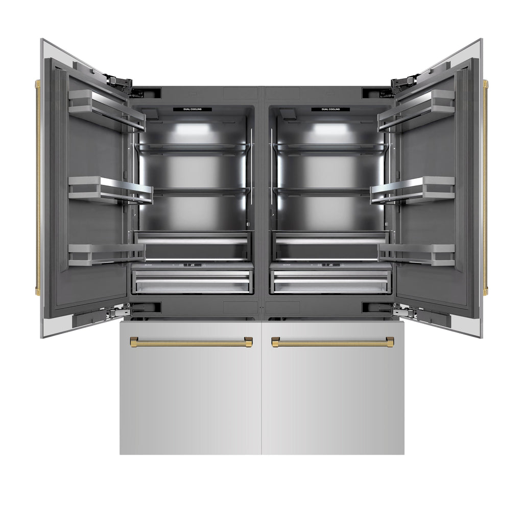 ZLINE 60 in. French Door Built-In Bottom Freezer Refrigerator 32.2 cu. ft. Water Dispenser Ice Maker Stainless Steel Graphite Gray Interior Polished Gold Helix Handles (GRBIVZ-30460KG)