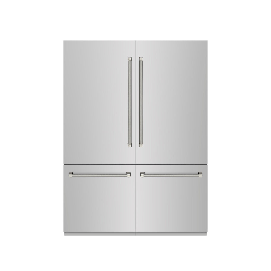 ZLINE 60 in. French Door Built-In Bottom Freezer Refrigerator 32.2 cu. ft. Stainless Steel Graphite Gray Interior Water Dispenser Ice Maker Polished Nickel Helix Handles (GRBIVZ-30460KPN)