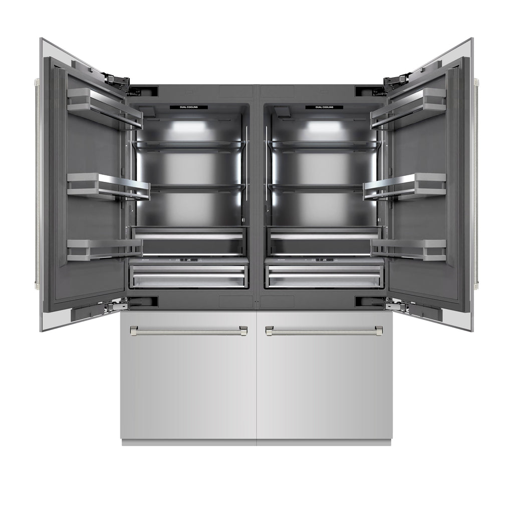 ZLINE 60 in. French Door Built-In Bottom Freezer Refrigerator 32.2 cu. ft. Stainless Steel Graphite Gray Interior Water Dispenser Ice Maker Polished Nickel Helix Handles (GRBIVZ-30460KPN)