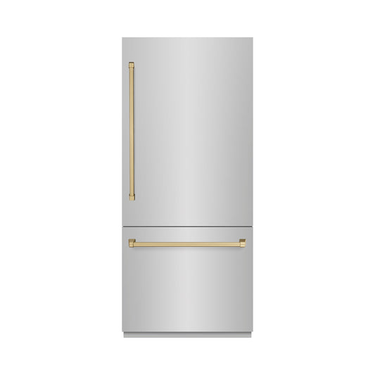 ZLINE 36 in Built-In Bottom Freezer Refrigerator 19.8 cu. ft. Water Dispenser Ice Maker Stainless Steel Champagne Bronze Accents (RBITZ-304-36CB)