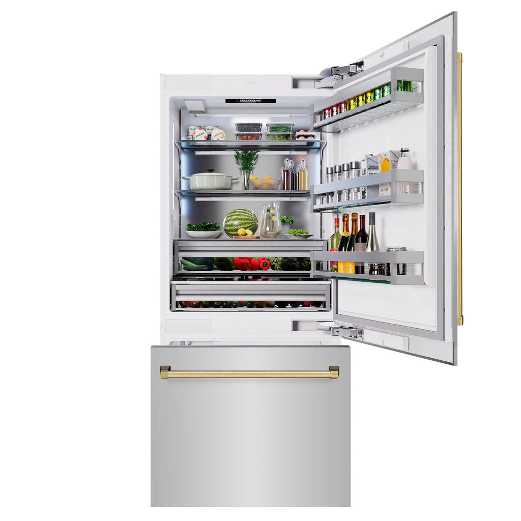 ZLINE 36 in. Built-In Bottom Freezer Refrigerator 19.8 cu. ft. Water Dispenser Ice Maker Stainless Steel Polished Gold Accents (RBITZ-304-36G)