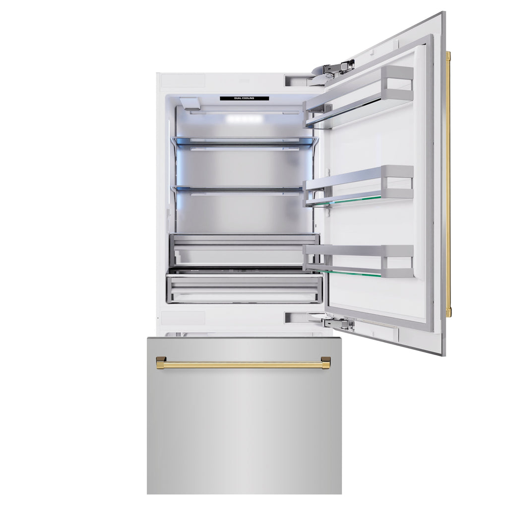 ZLINE 36 in. Built-In Bottom Freezer Refrigerator 19.8 cu. ft. Water Dispenser Ice Maker Stainless Steel Polished Gold Accents (RBITZ-304-36G)