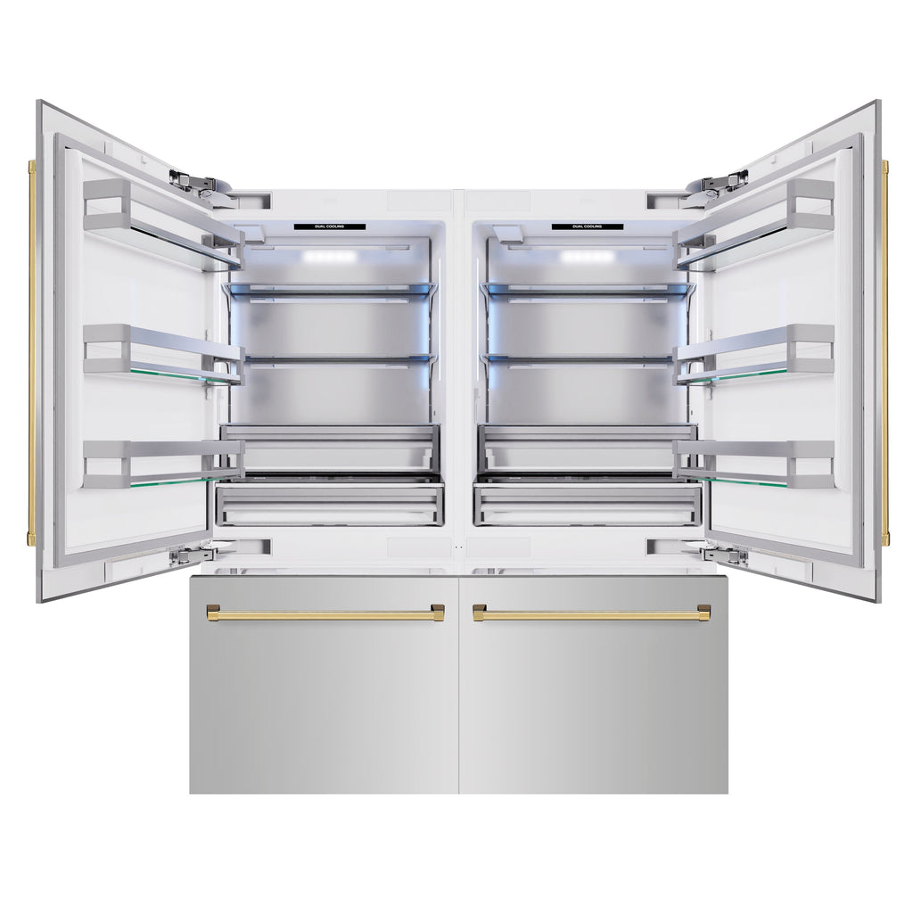 ZLINE 72 in. Built-In French Door Bottom Freezer Refrigerator 39.6 cu. ft. Stainless Steel with Water Dispensers, Ice Makers & Polished Gold Accents (RBITZ-304-72G)
