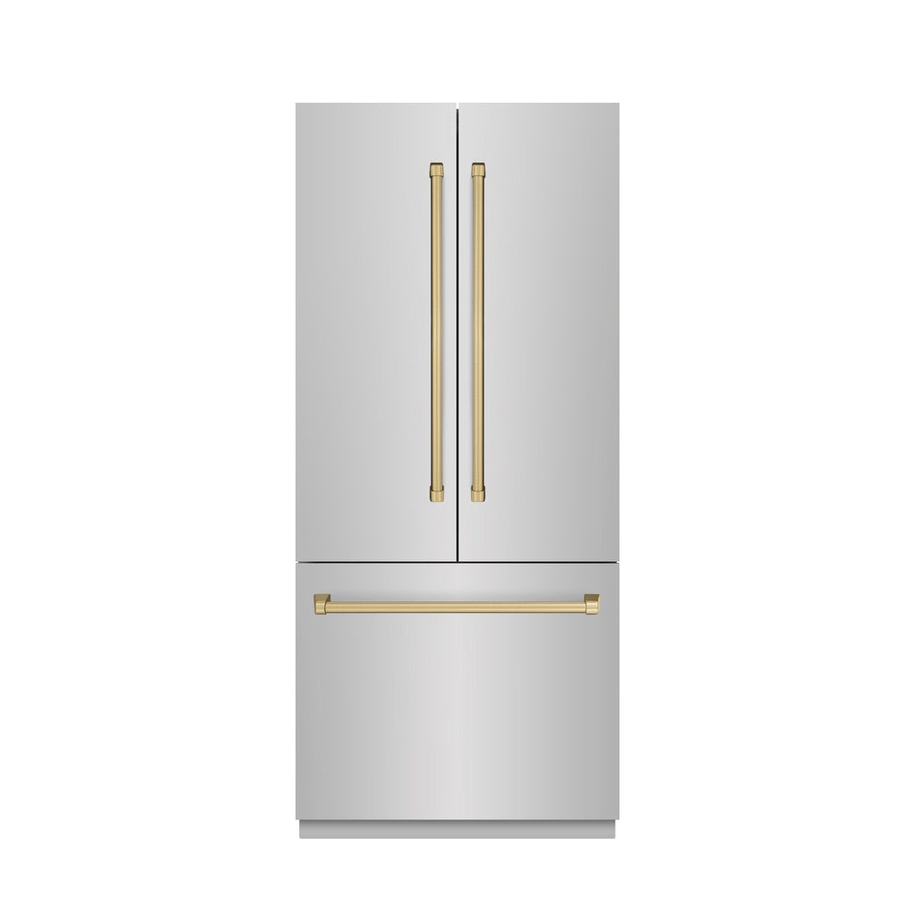 ZLINE 36 in. French Door Built-In Bottom Freezer Refrigerator 19.6 cu. ft. with Water Dispenser, Ice Maker, Stainless Steel Finish, Stainless Steel Interior, Champagne Bronze Accents (SRBIVZ-304-36CB)
