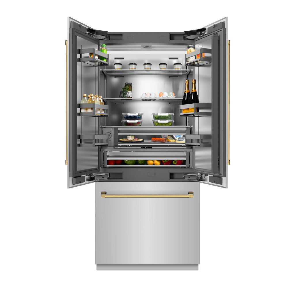 ZLINE 36 in. Built-In French Door Refrigerator 19.6 Cu. Ft. Stainless Steel Water Dispenser Ice Maker Polished Gold Accents (SRBIVZ-304-36G)
