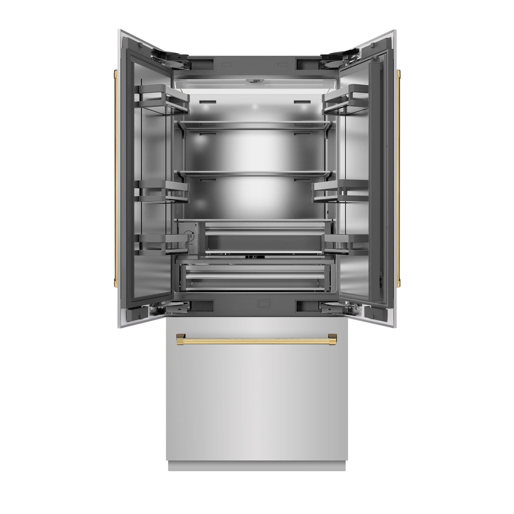 ZLINE 36 in. Built-In French Door Refrigerator 19.6 Cu. Ft. Stainless Steel Water Dispenser Ice Maker Polished Gold Accents (SRBIVZ-304-36G)