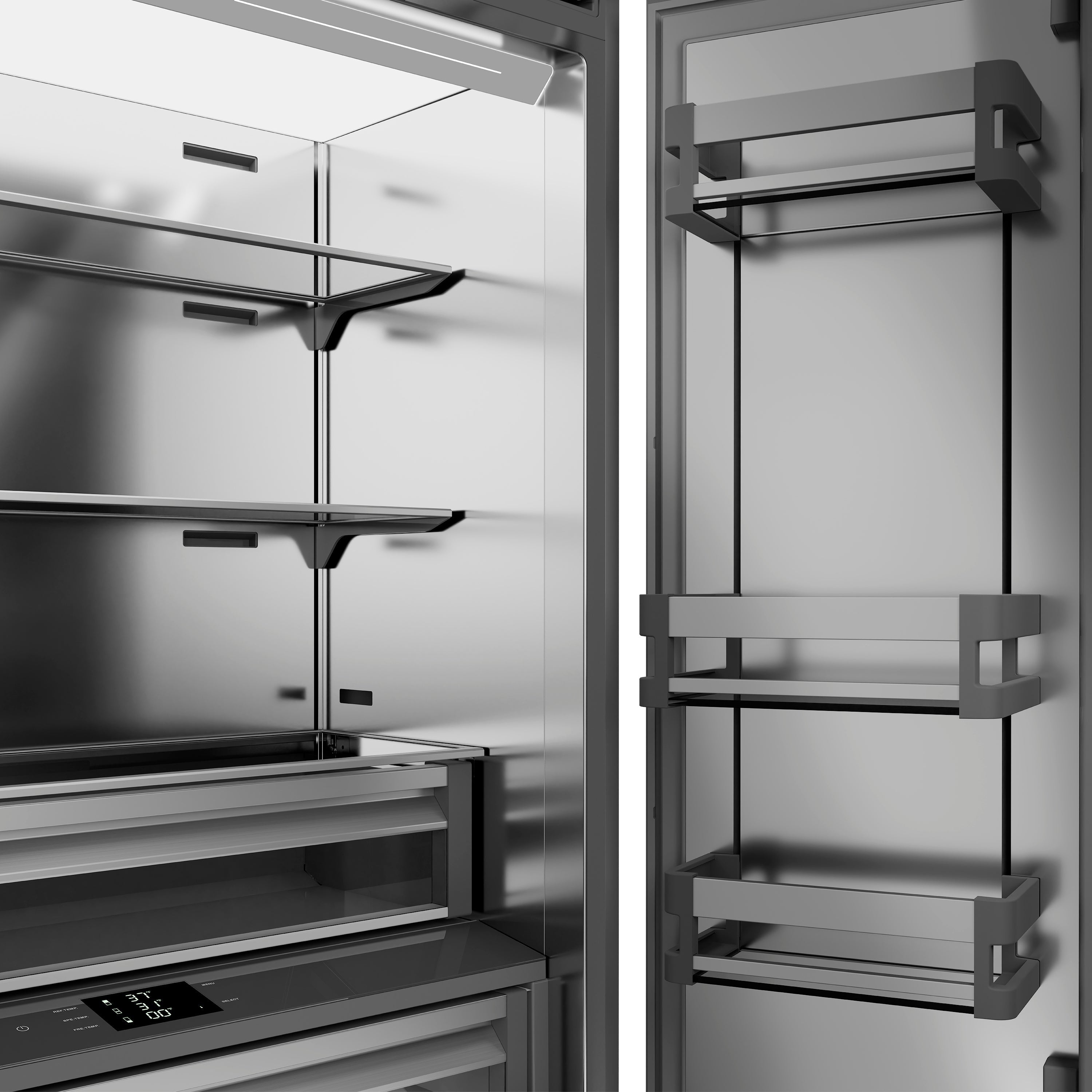 ZLINE 36 in. French Door Built-In Bottom Freezer Refrigerator, 19.6 cu. ft., Water Dispenser, Ice Maker, Stainless Steel, Champagne Bronze Helix Handles (SRBIVZ-30436KCB)