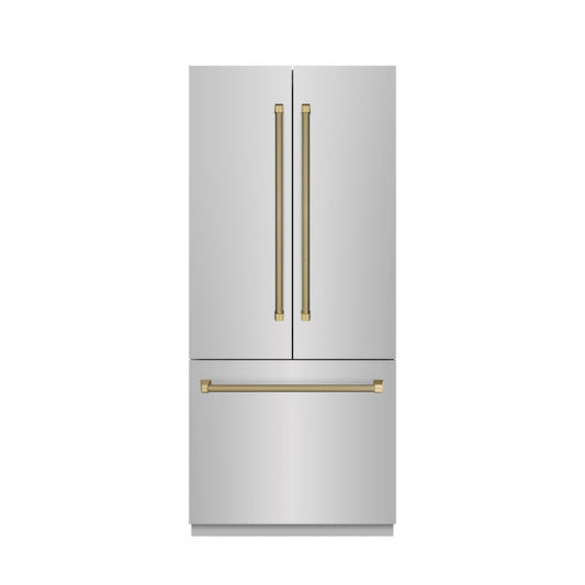 ZLINE 36 in. French Door Built-In Bottom Freezer Refrigerator, 19.6 cu. ft., Water Dispenser, Ice Maker, Stainless Steel, Champagne Bronze Helix Handles (SRBIVZ-30436KCB)