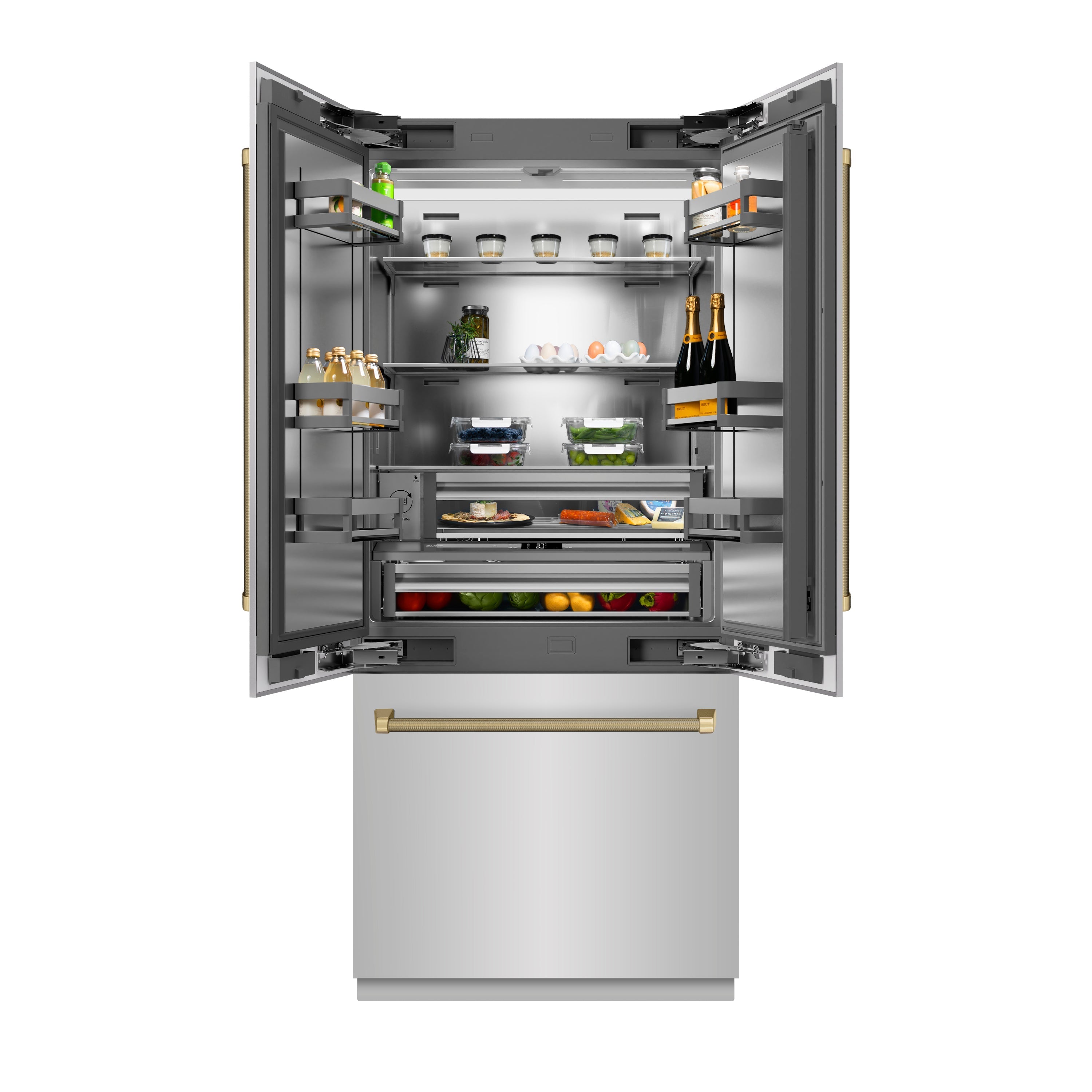 ZLINE 36 in. French Door Built-In Bottom Freezer Refrigerator, 19.6 cu. ft., Water Dispenser, Ice Maker, Stainless Steel, Champagne Bronze Helix Handles (SRBIVZ-30436KCB)