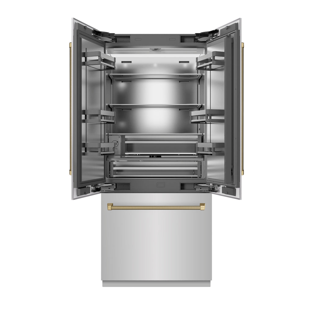 ZLINE 36 in. French Door Built-In Bottom Freezer Refrigerator, 19.6 cu. ft., Water Dispenser, Ice Maker, Stainless Steel, Champagne Bronze Helix Handles (SRBIVZ-30436KCB)