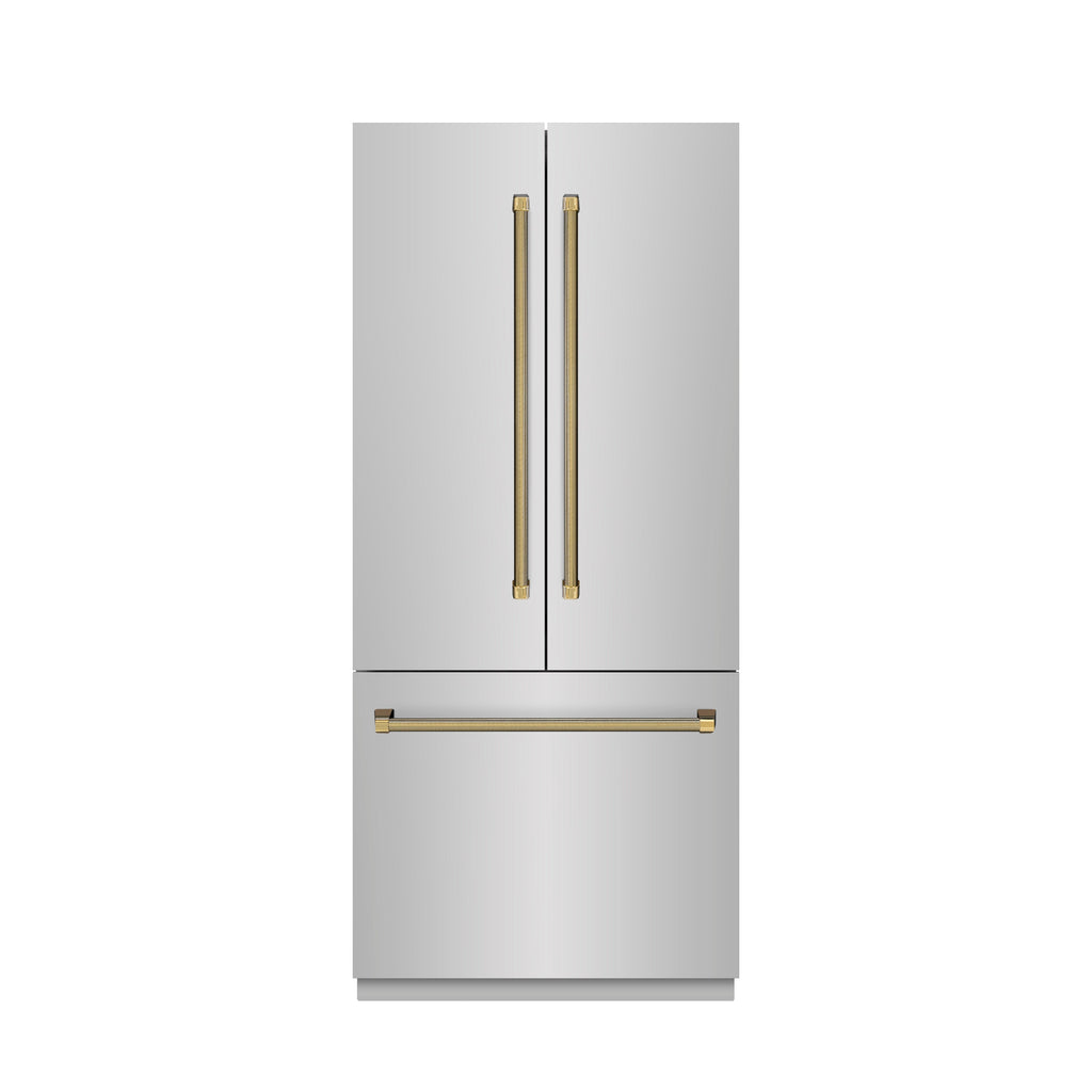 ZLINE 36 in. French Door Built-In Bottom Freezer Refrigerator 19.6 Cu. Ft. with Water Dispenser, Ice Maker, Stainless Steel Interior, Polished Gold Helix Handles (SRBIVZ-30436KG)